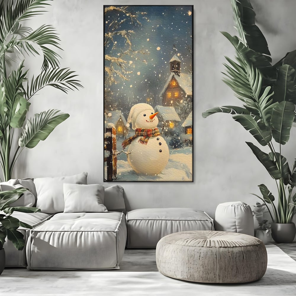 Tablou canvas cu tablou canvas cu om de zapada, in rama de aluminiu negru, pe perete intr-un living